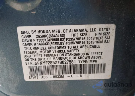 2007 Honda Pilot Ex-L z USA, uszkodzony, nr VIN 5FNYF28527B027581